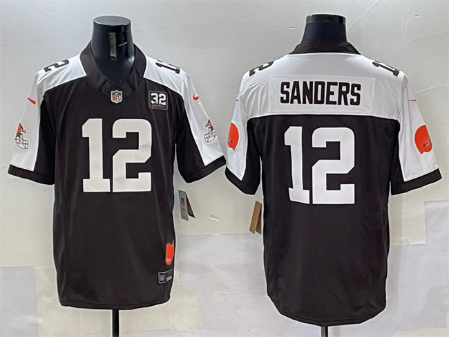 Men's Cleveland Browns #12 Shedeur Sanders Brown/White 2025 Draft F.U.S.E. With Jim Brown Memorial & Home Patch Vapor Limited Stitched Football Jersey